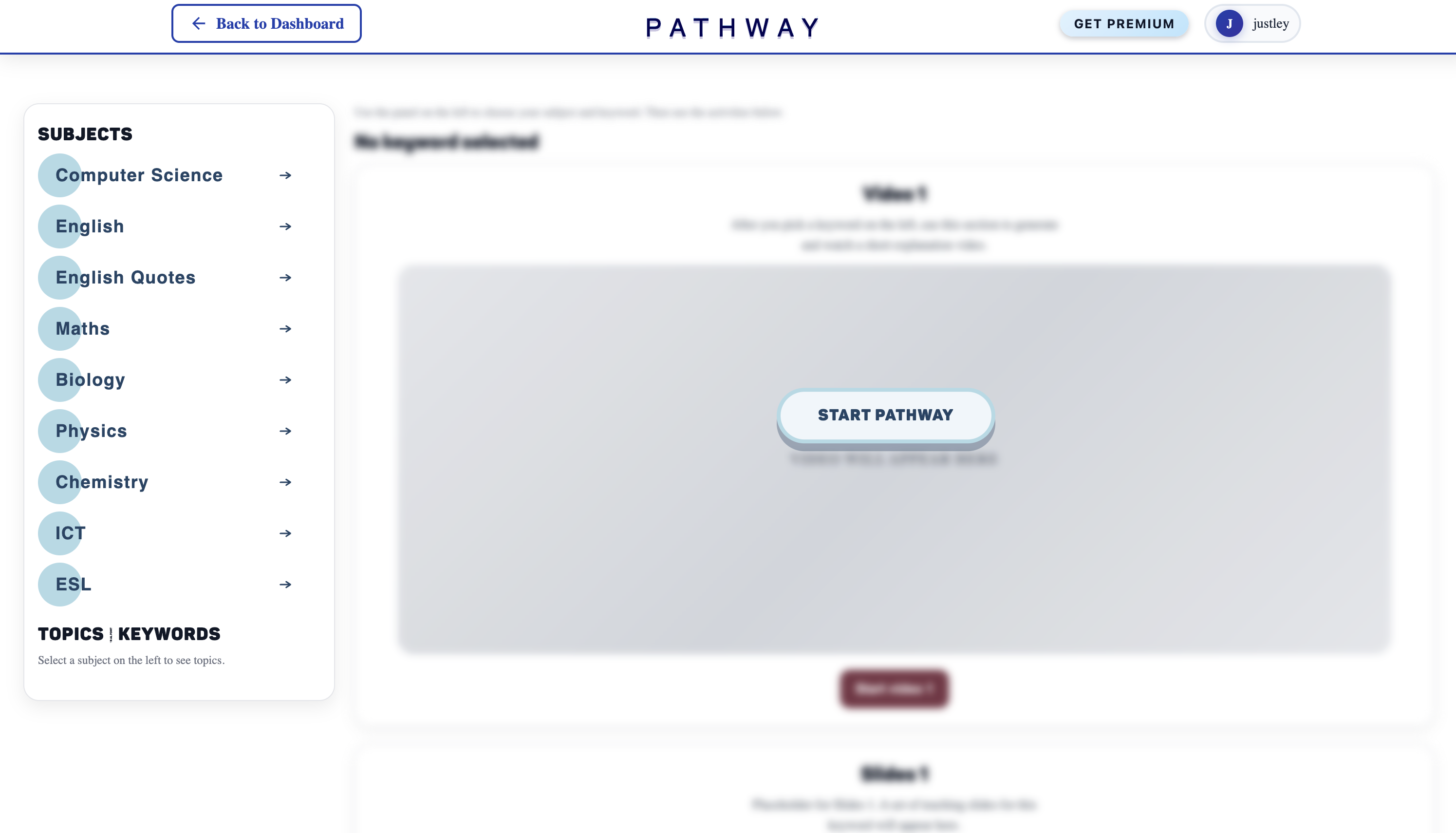 Screenshot of the Ovalearning Pathway interface with subjects and start pathway button